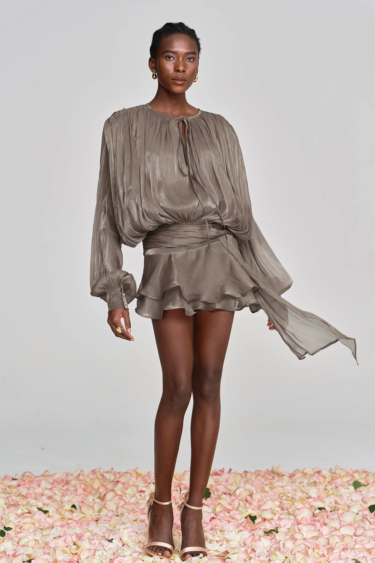 Brown Ruched Ruffle Mini Dress with Balloon Sleeves