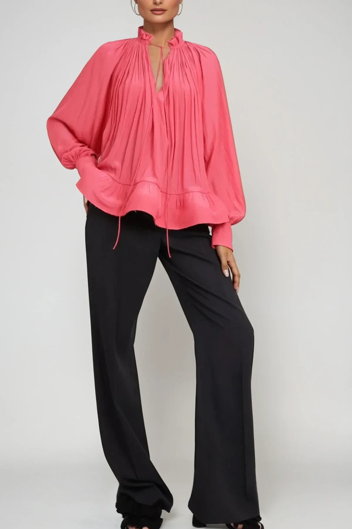 Ruched Mesh Long Sleeve Top in Red - Chic Essential
