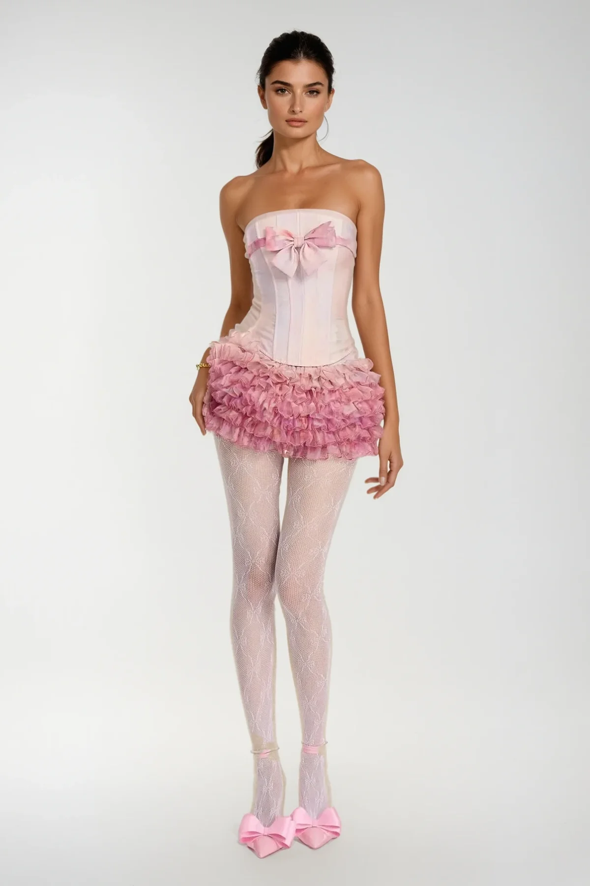 Pink Mesh Ruffle Skirt Set with Strapless Design