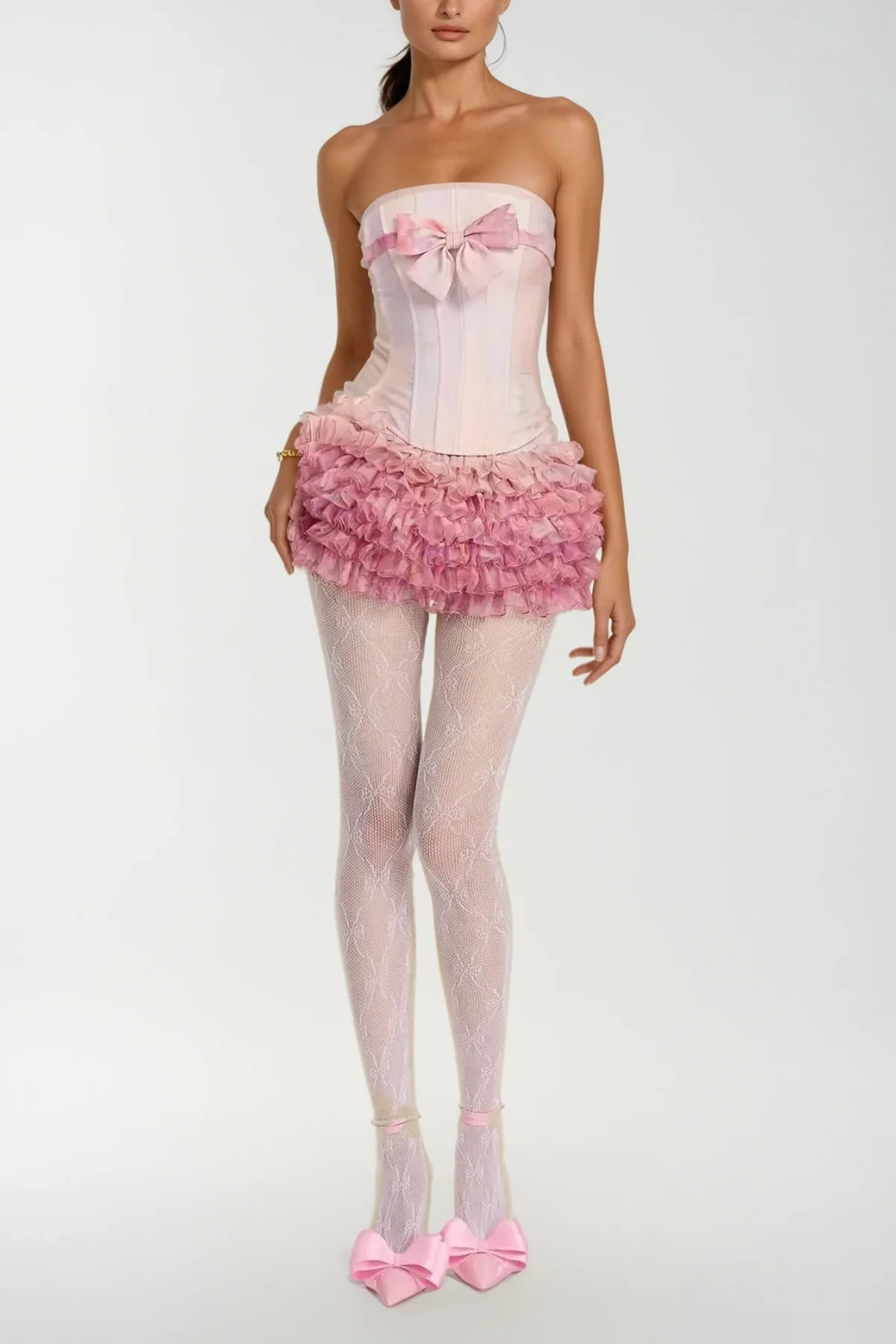 Pink Mesh Ruffle Skirt Set with Strapless Design
