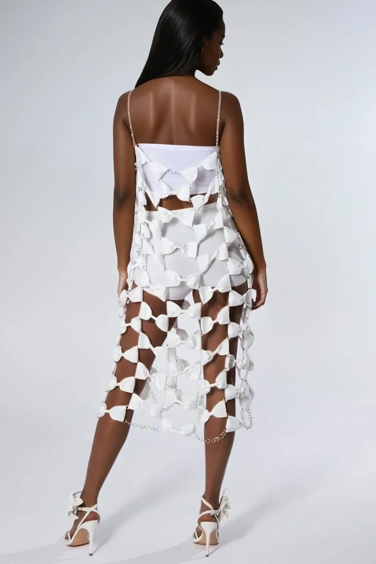 Chainlink White Midi Dress - Elegant Bow Detail