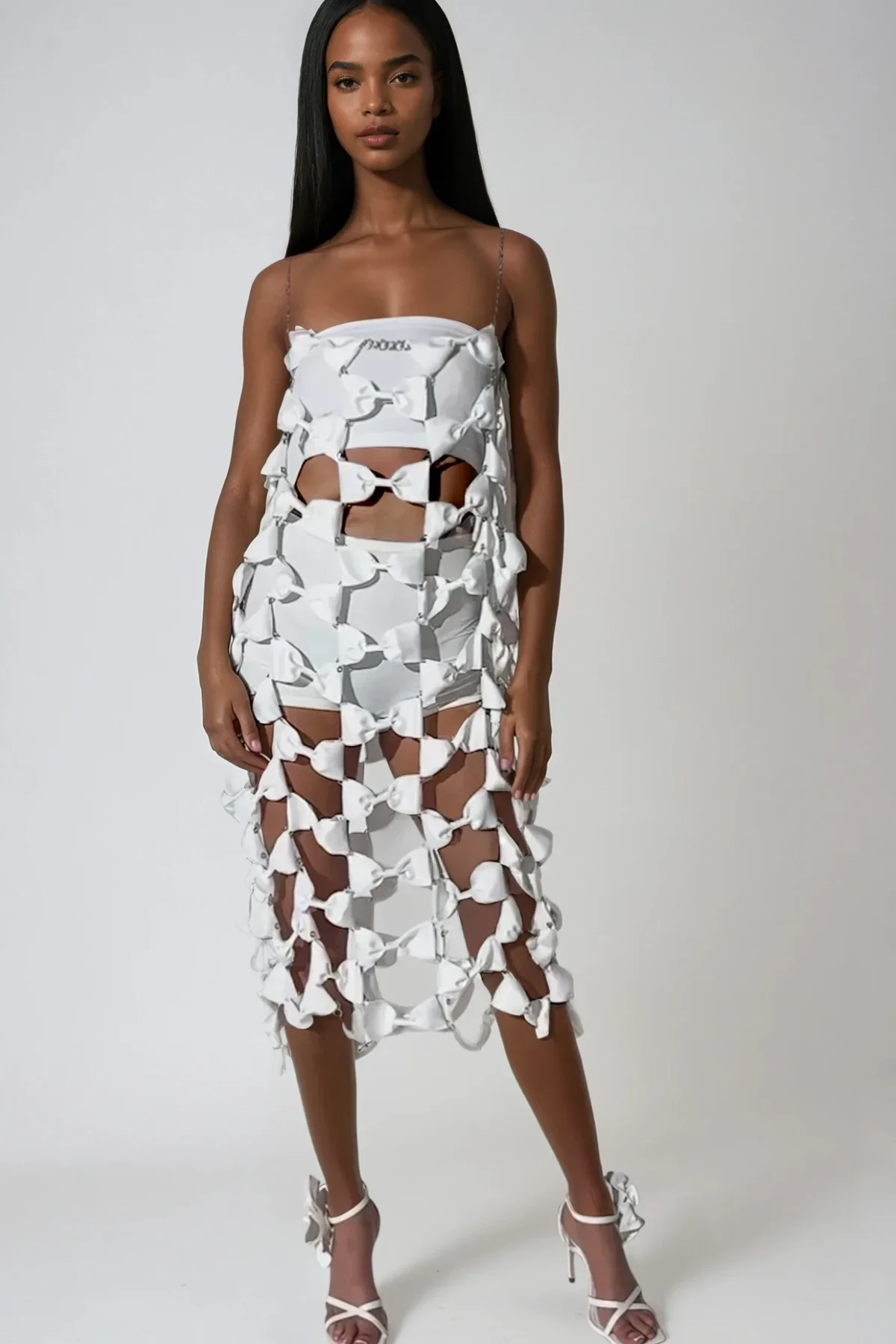 Chainlink White Midi Dress - Elegant Bow Detail