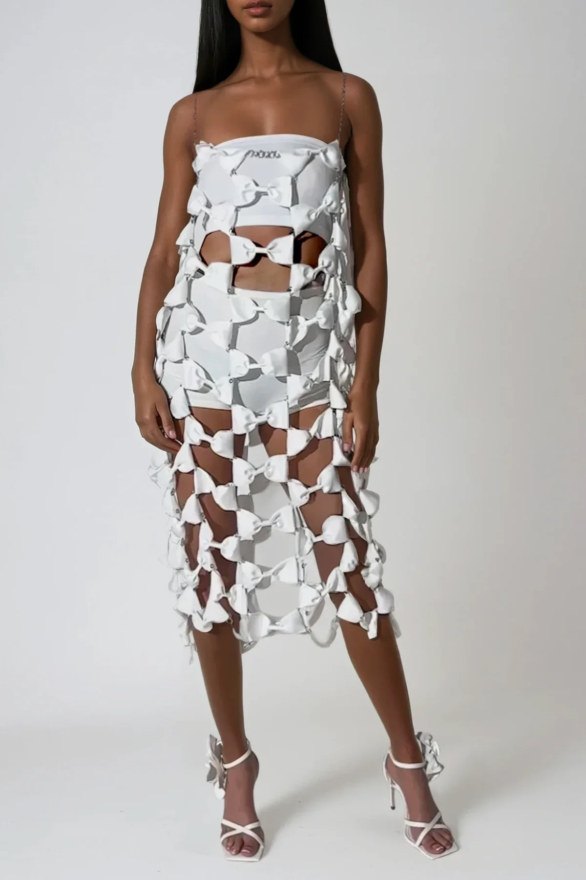 Chainlink White Midi Dress - Elegant Bow Detail