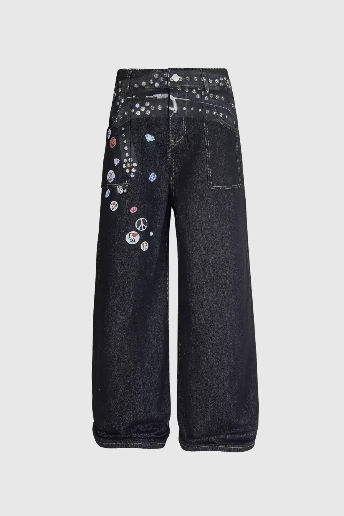 Black Bleached Wide Leg Jeans with Unique Print Design