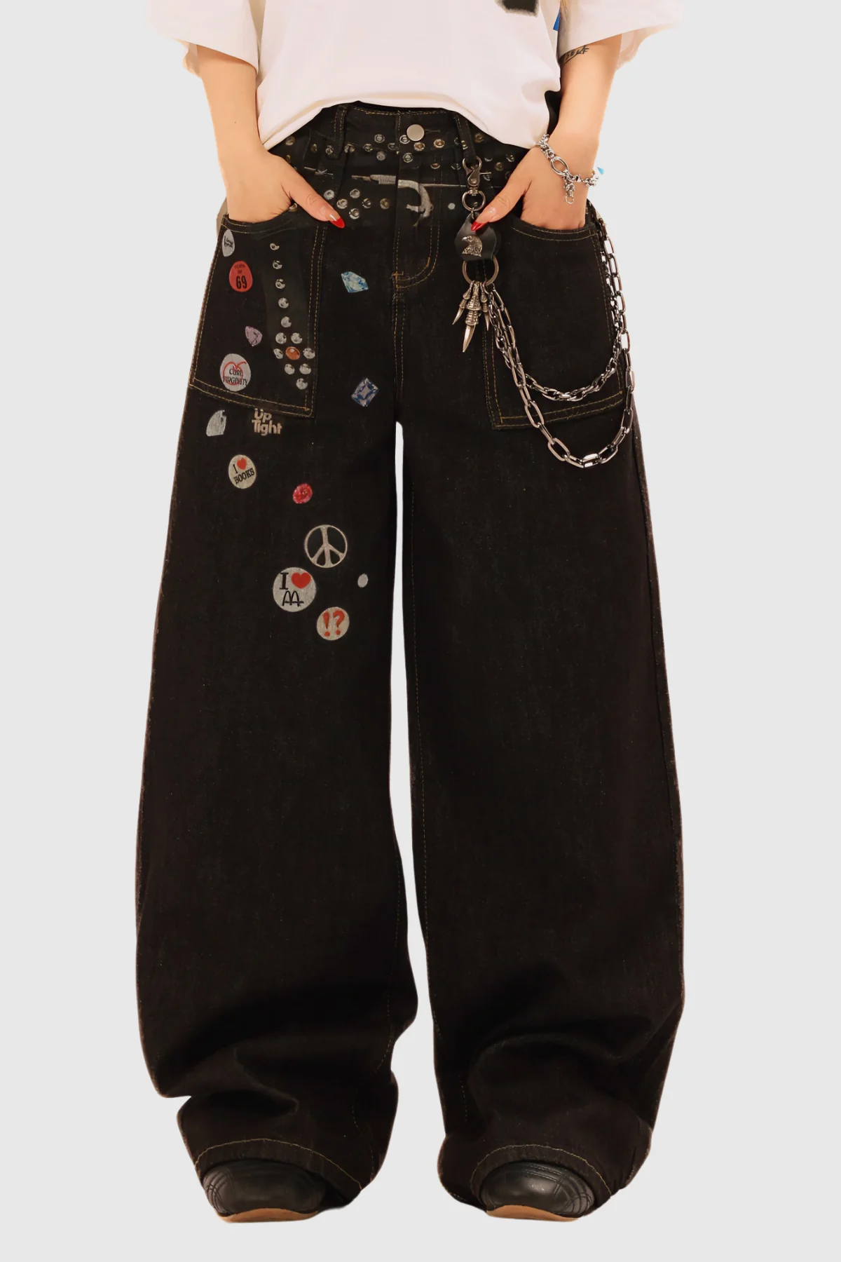 Black Bleached Wide Leg Jeans with Unique Print Design