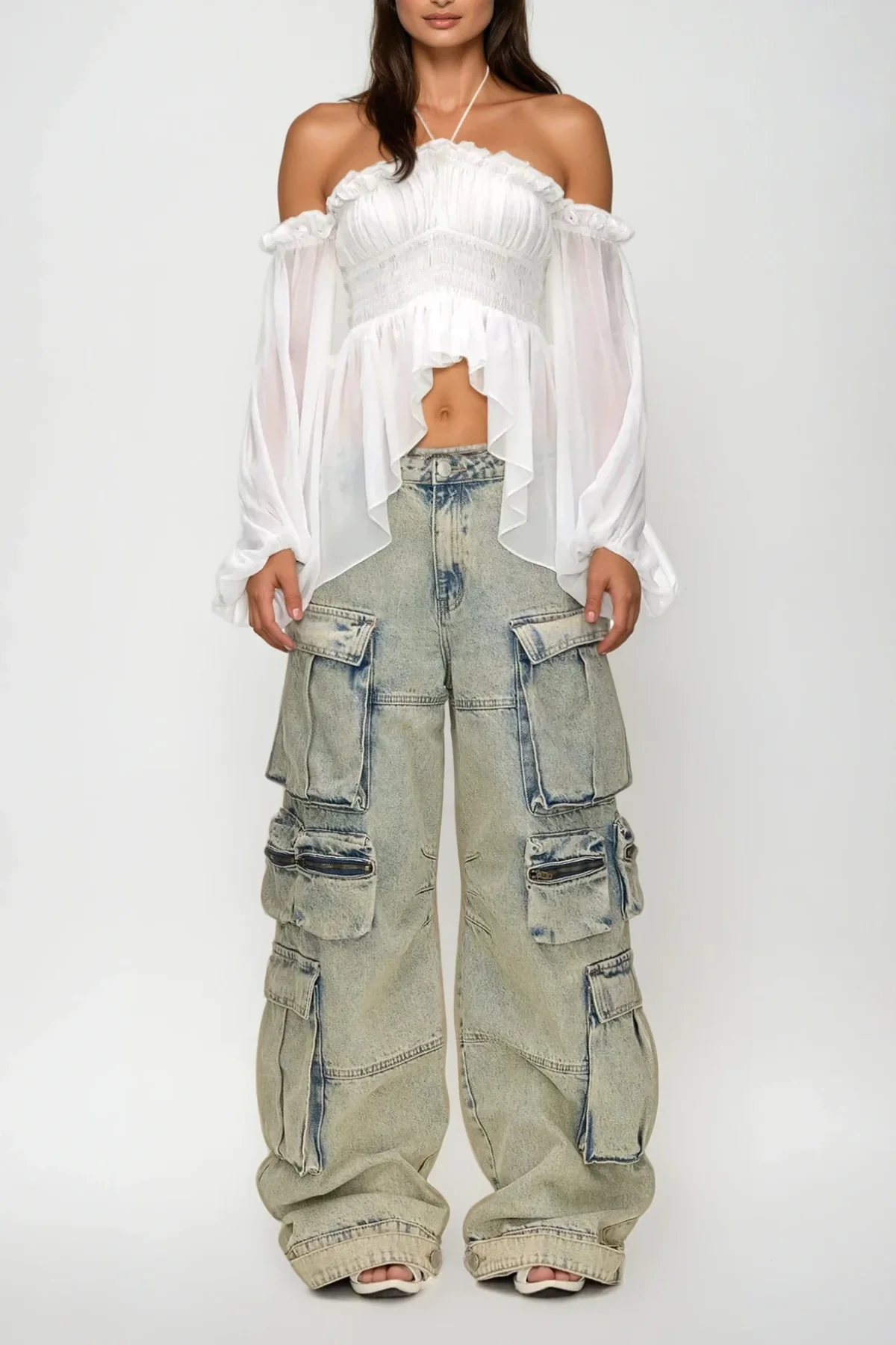 White Mesh Ruched Asymmetric Ruffle Top