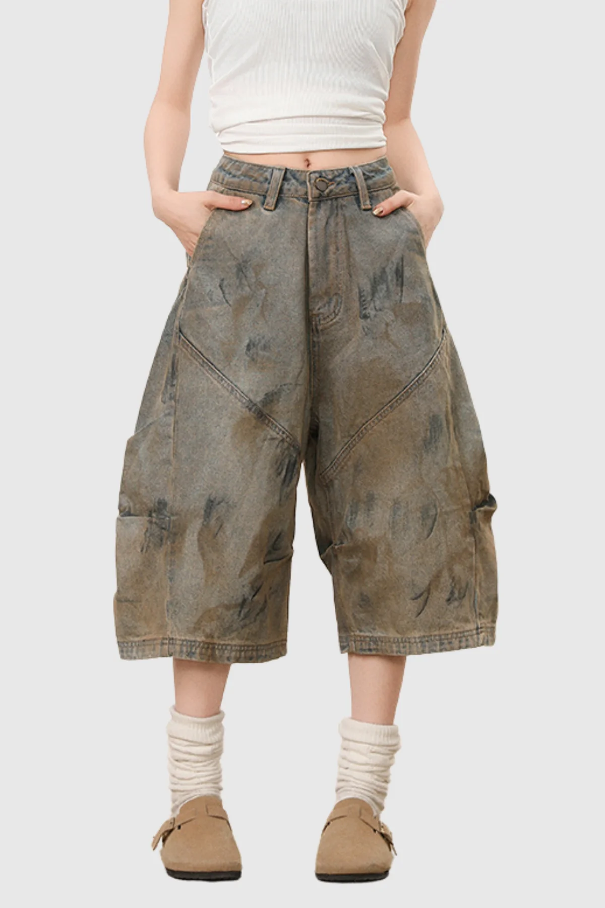 Modern Yellow Printed Ruched Jeans