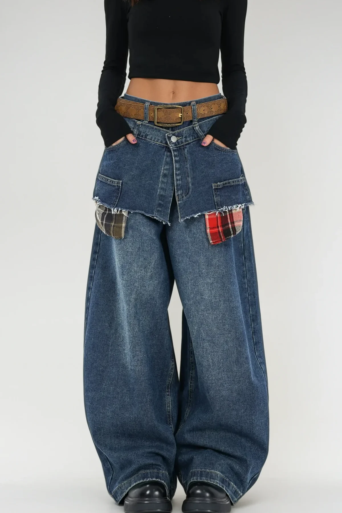 Plaid Wide Leg Denim Jeans in Blue - Stylish and Comfortable