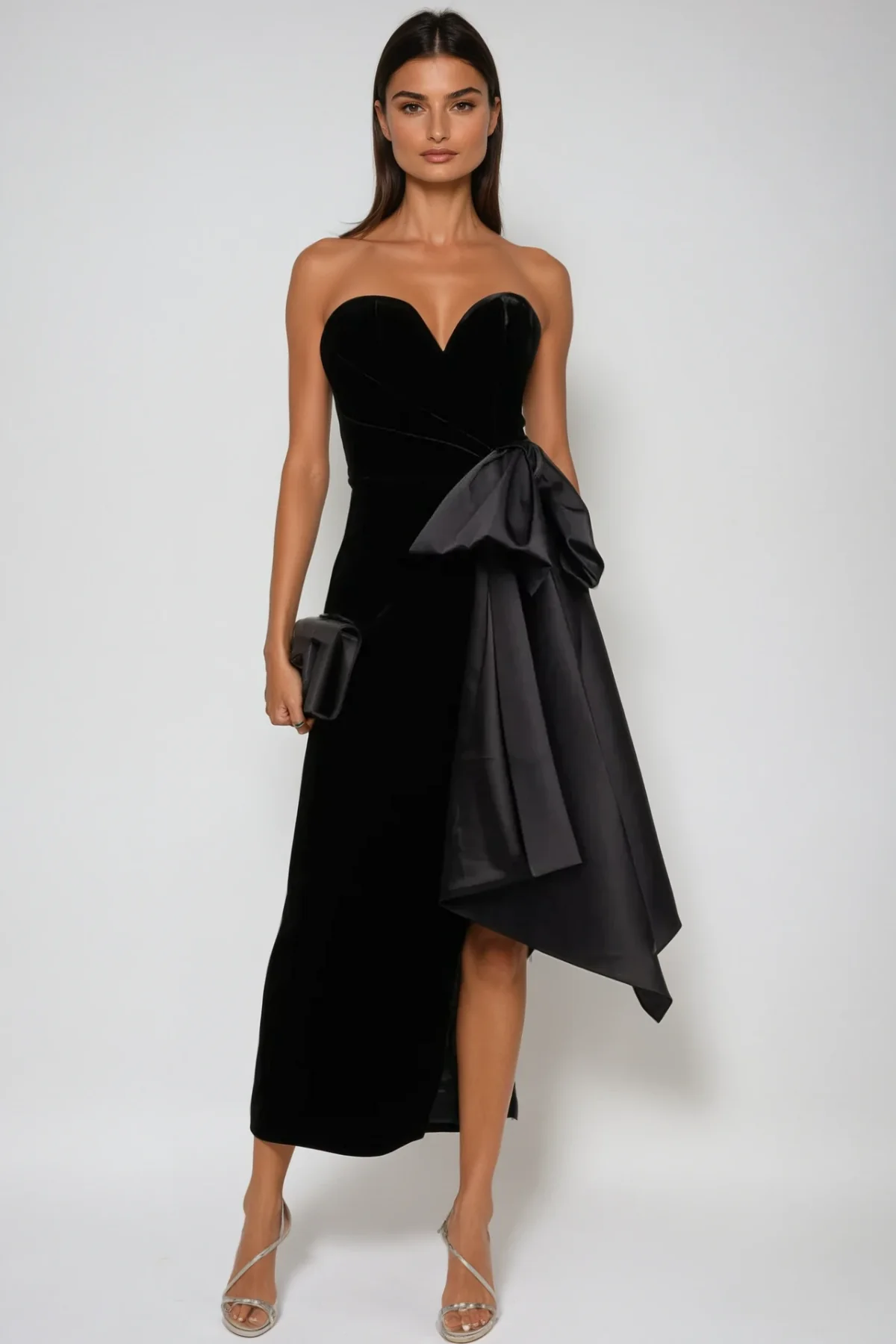 Black Asymmetric Bow Maxi Dress - Elegant Strapless Design