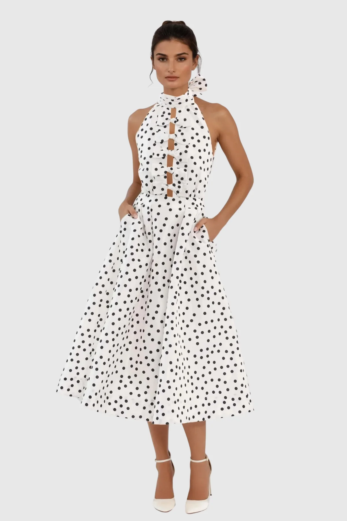 White Dot Bow Midi Dress Halter Neck Elegant Style
