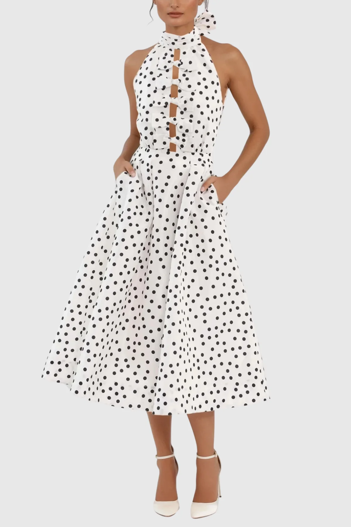 White Dot Bow Midi Dress Halter Neck Elegant Style