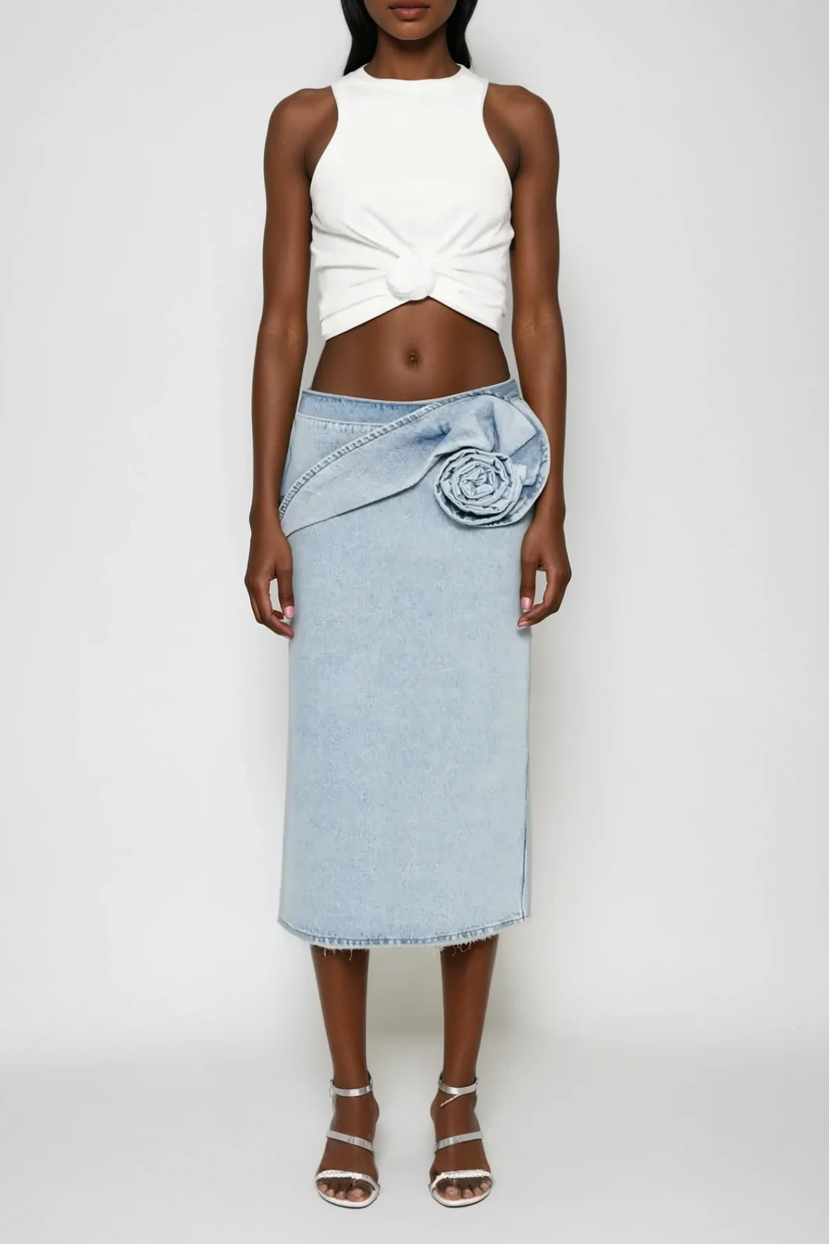 Floral Embroidered Denim Midi Skirt - Blue Chic Style