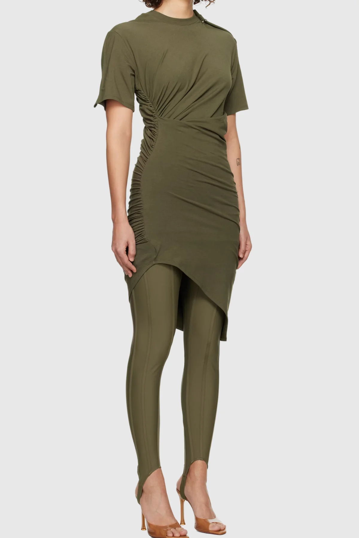 Green Asymmetric Ruched Short Sleeve Mini Dress