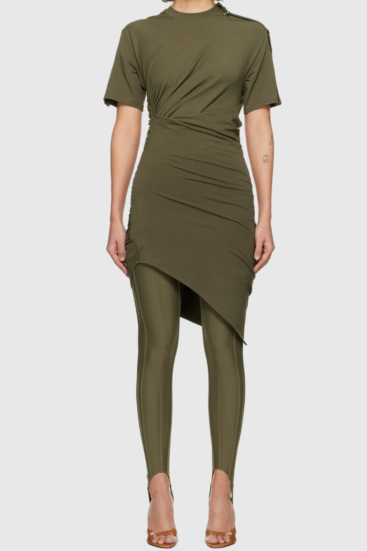 Green Asymmetric Ruched Short Sleeve Mini Dress