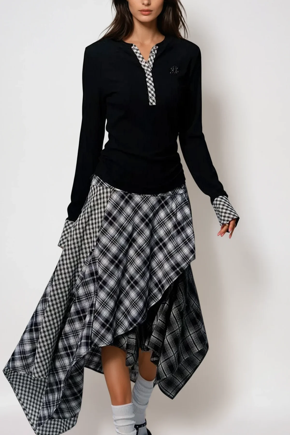Plaid Layered Maxi Skirt in Black and White - Urban Edge Style