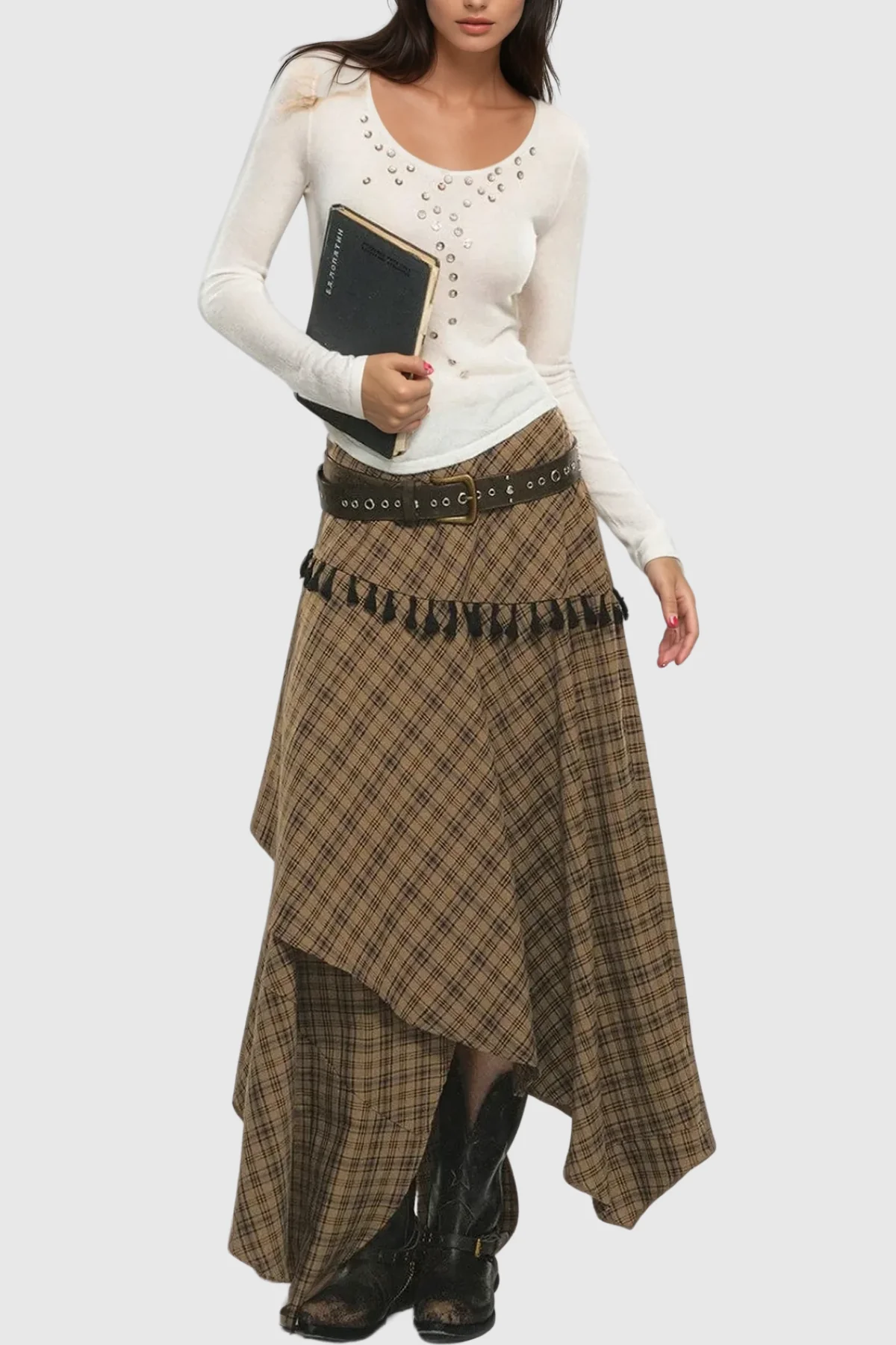 Plaid Layered Maxi Skirt in Brown | Elegant Design