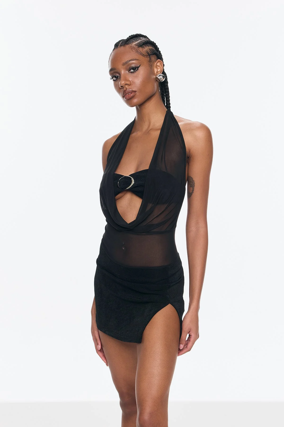 Black Mesh Plunge Halter Neck Mini Dress