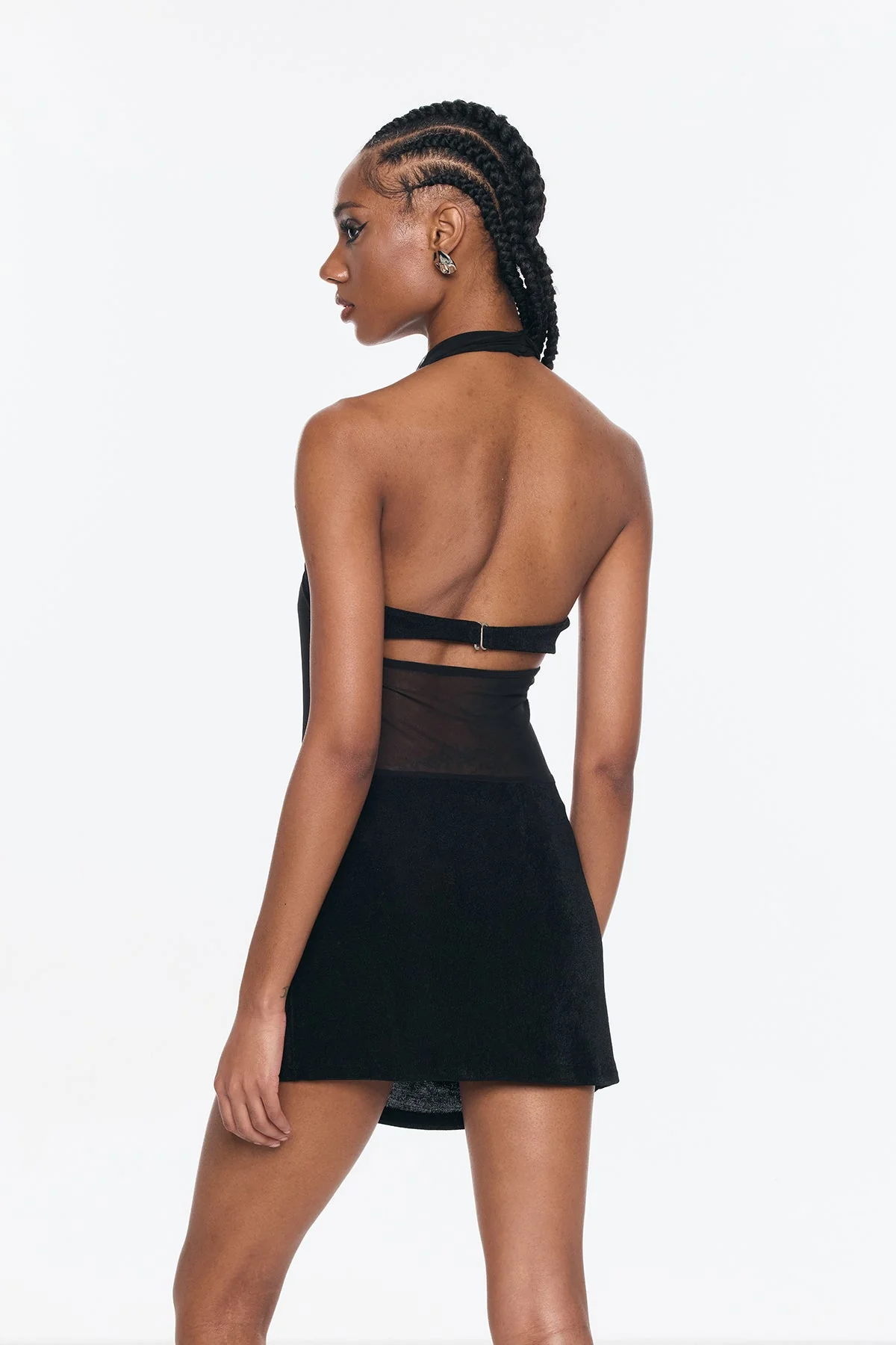 Black Mesh Plunge Halter Neck Mini Dress