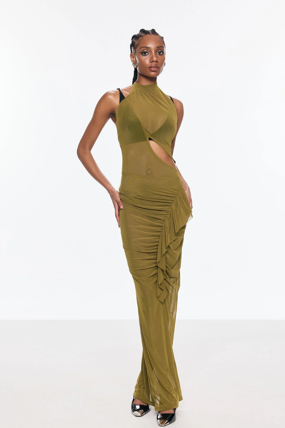 Green Mesh Ruch Asymmetric Maxi Dress