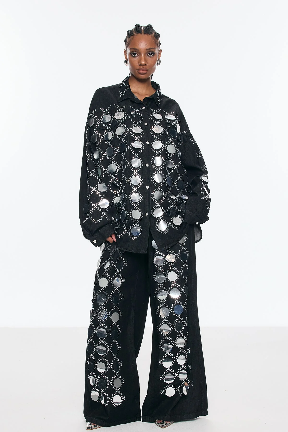 Sequin Grid Black Denim Pants Set for Trendsetters