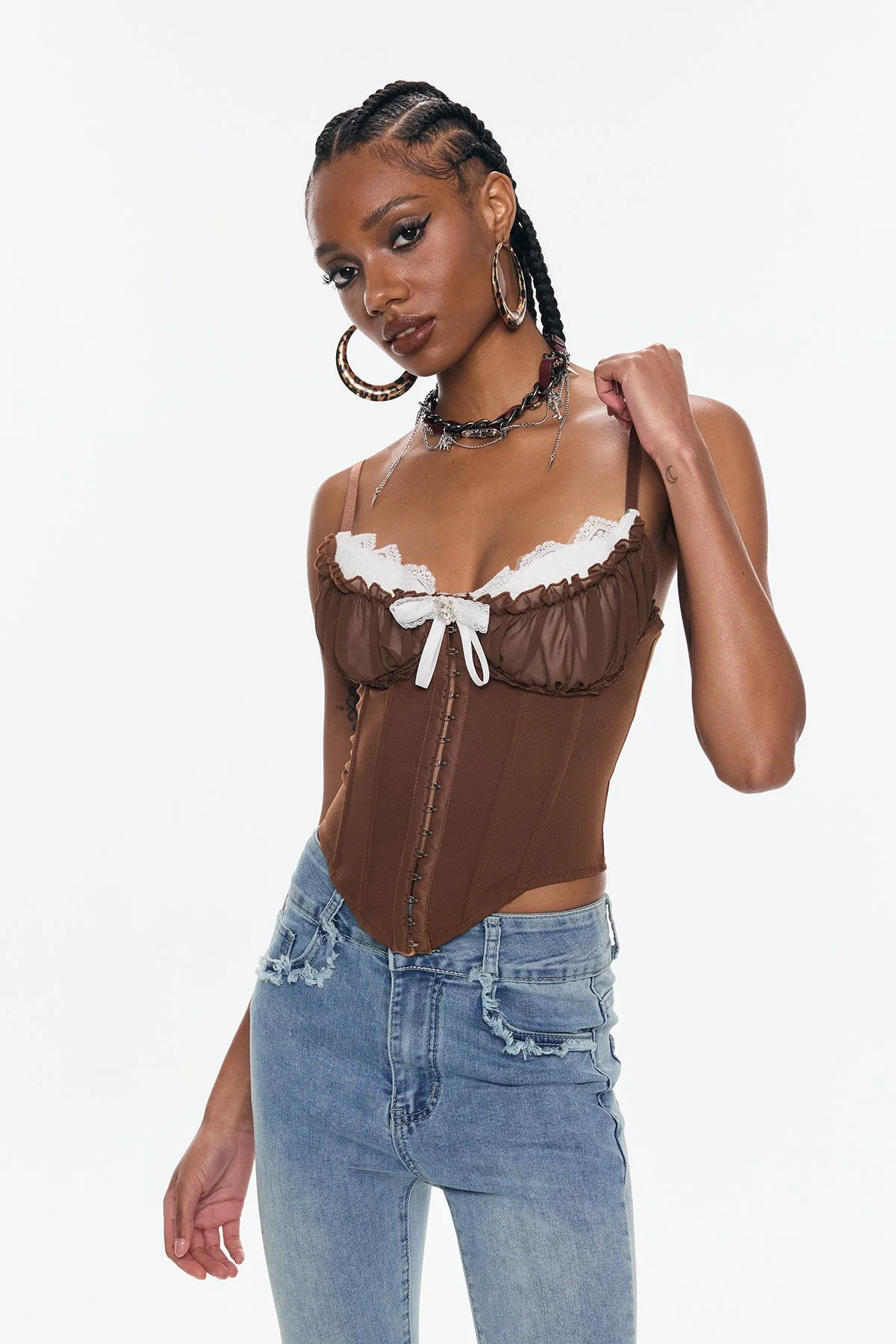 Brown Corset Lace Spaghetti Bodycon Top for Women