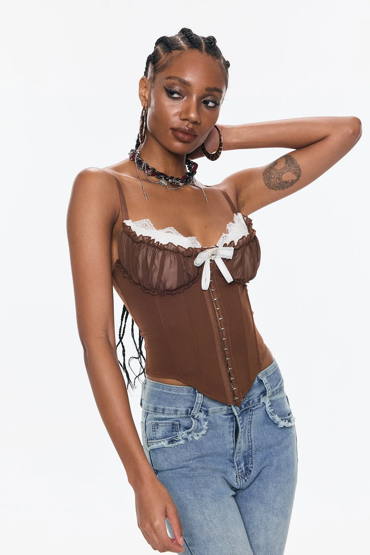 Brown Corset Lace Spaghetti Bodycon Top for Women