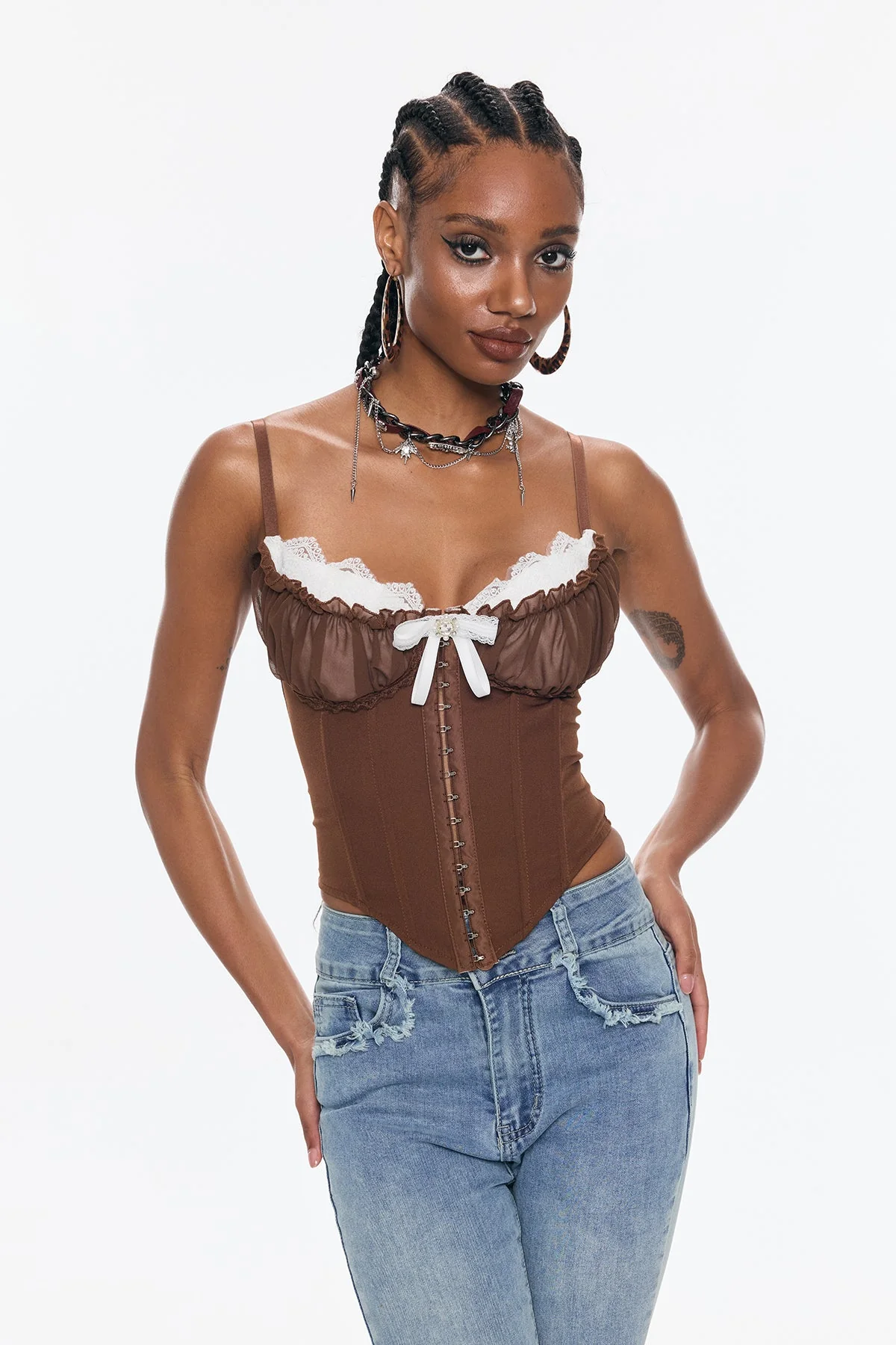 Brown Corset Lace Spaghetti Bodycon Top for Women