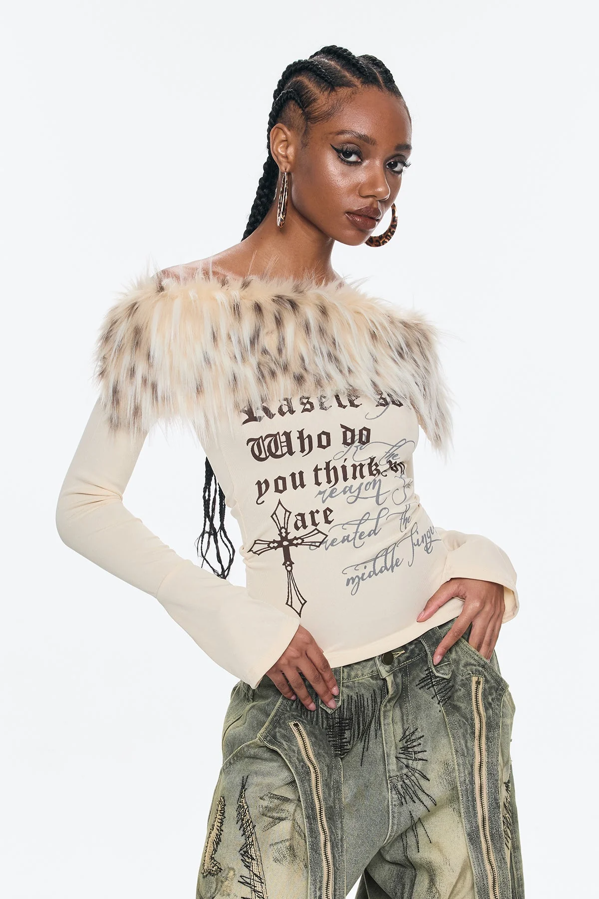 Benek Off Shoulder Leopard Faux Fur Top
