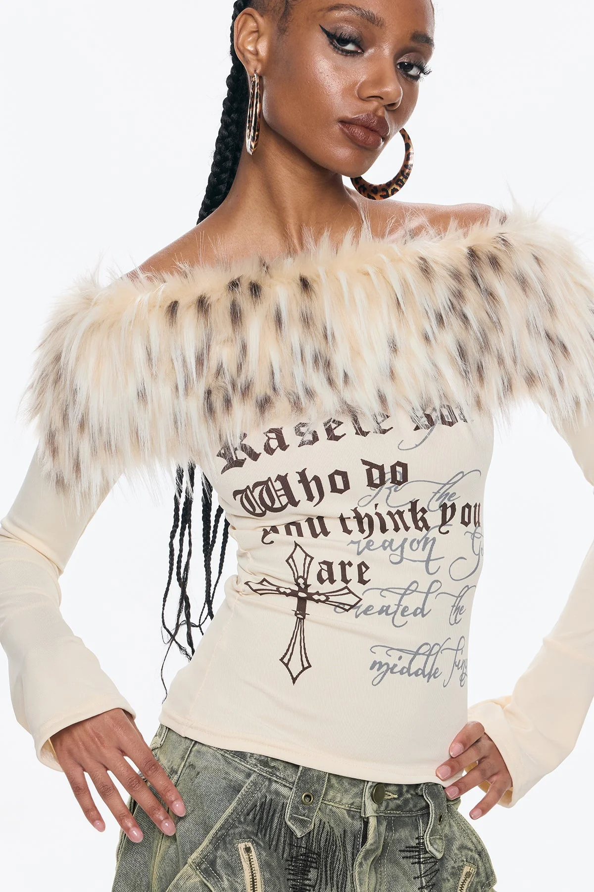 Benek Off Shoulder Leopard Faux Fur Top