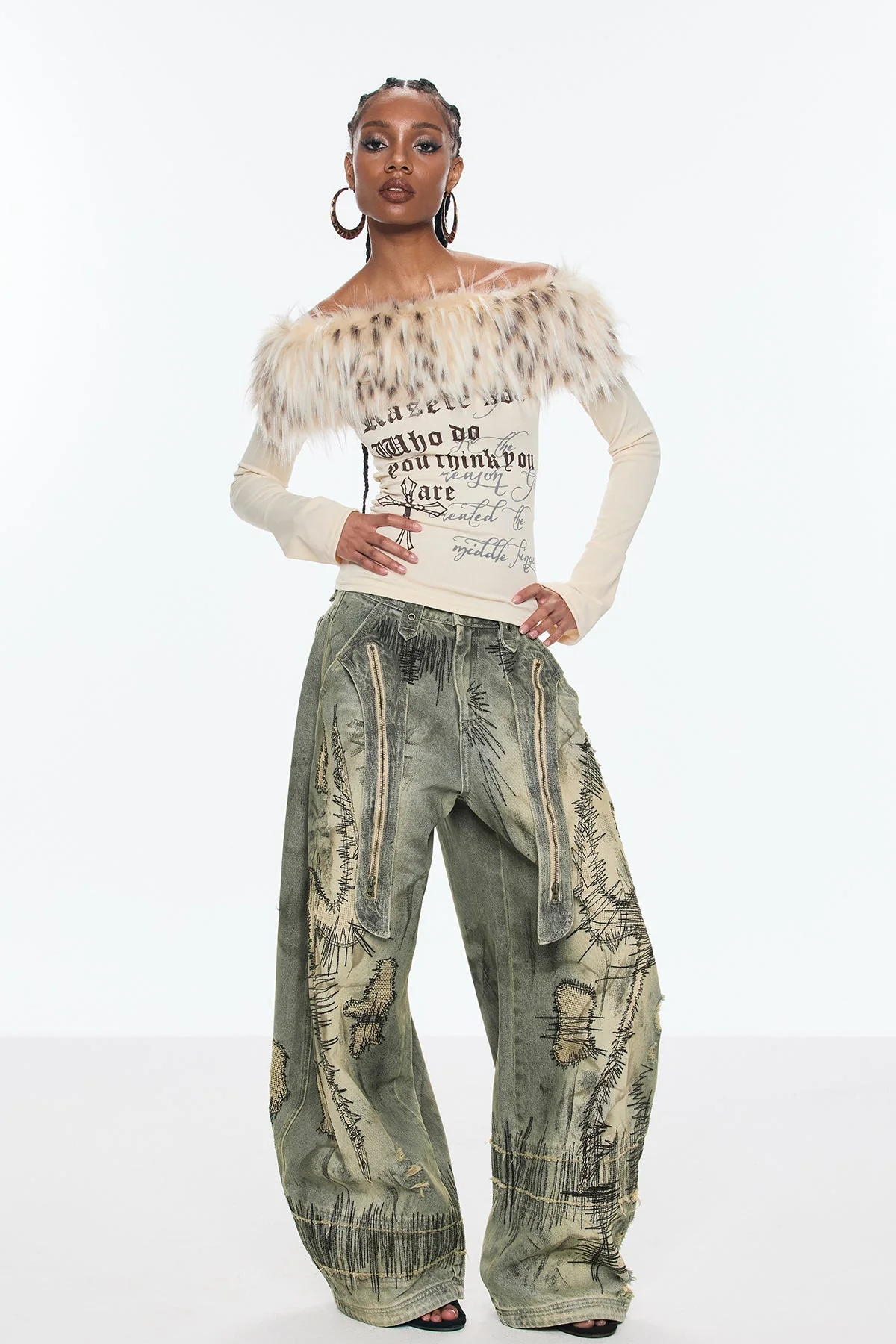 Benek Off Shoulder Leopard Faux Fur Top