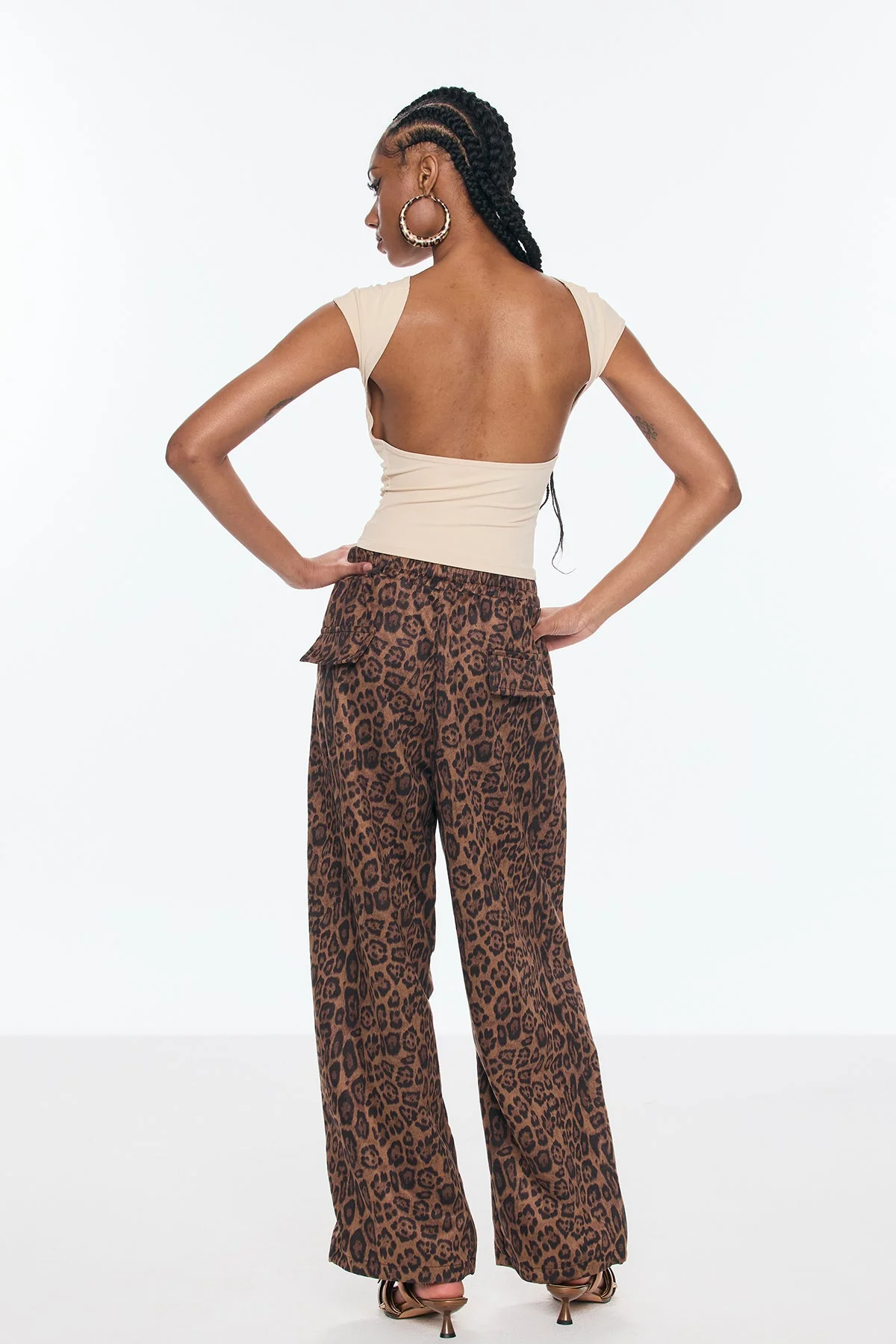 Leopard Print Wide Leg Pants Brown Suede High-Quality