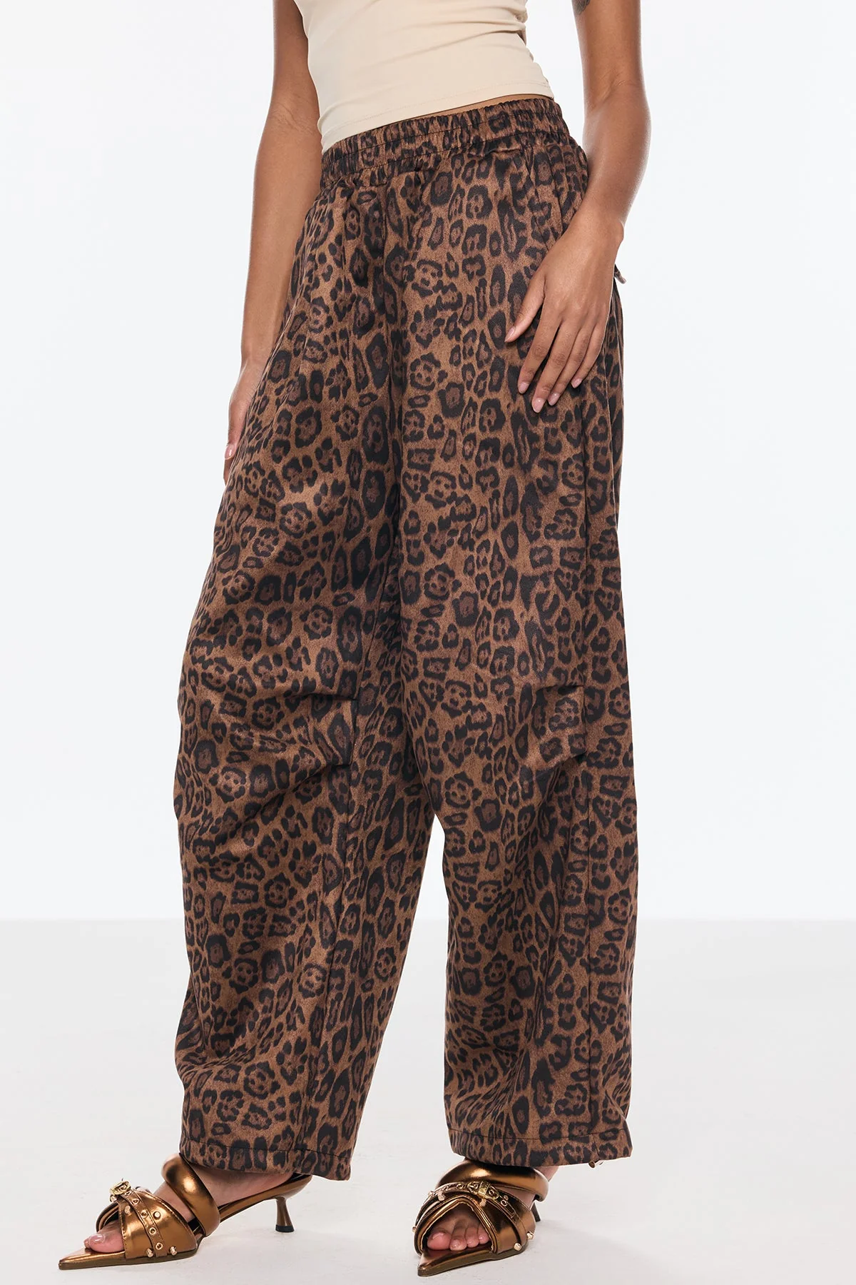 Leopard Print Wide Leg Pants Brown Suede High-Quality