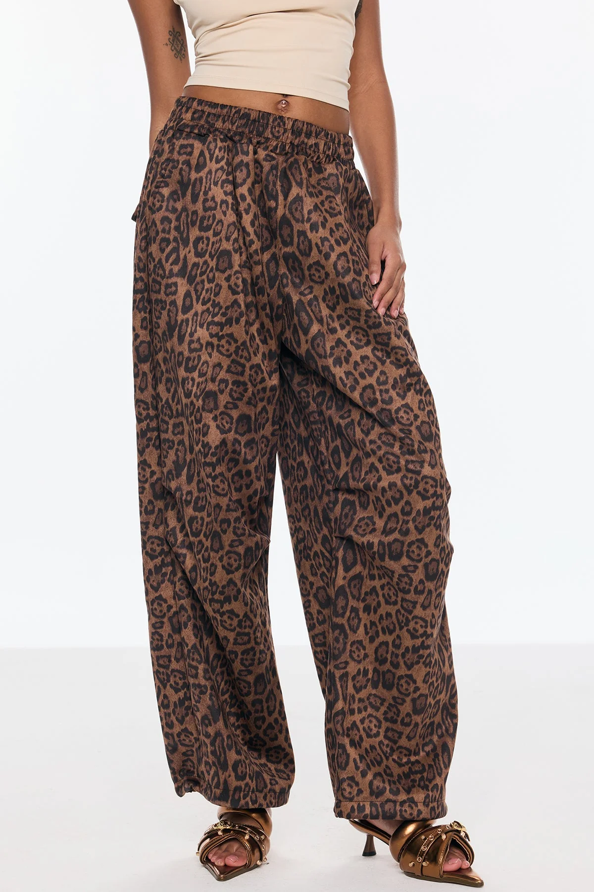 Leopard Print Wide Leg Pants Brown Suede High-Quality