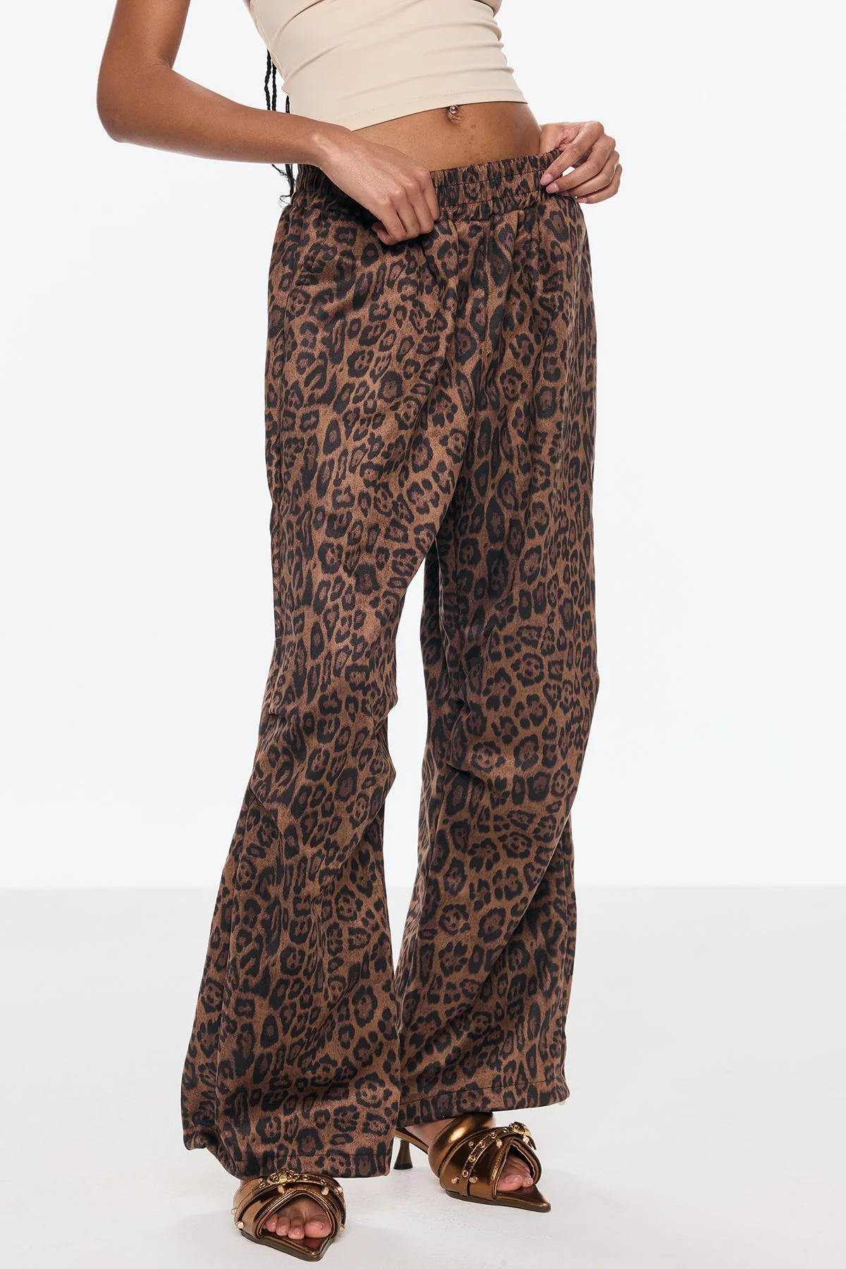 Leopard Print Wide Leg Pants Brown Suede High-Quality