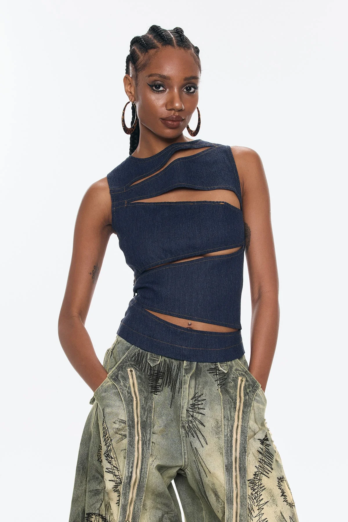 Sleeveless Denim Top with Modern Cutouts in Blue, Elegant Style