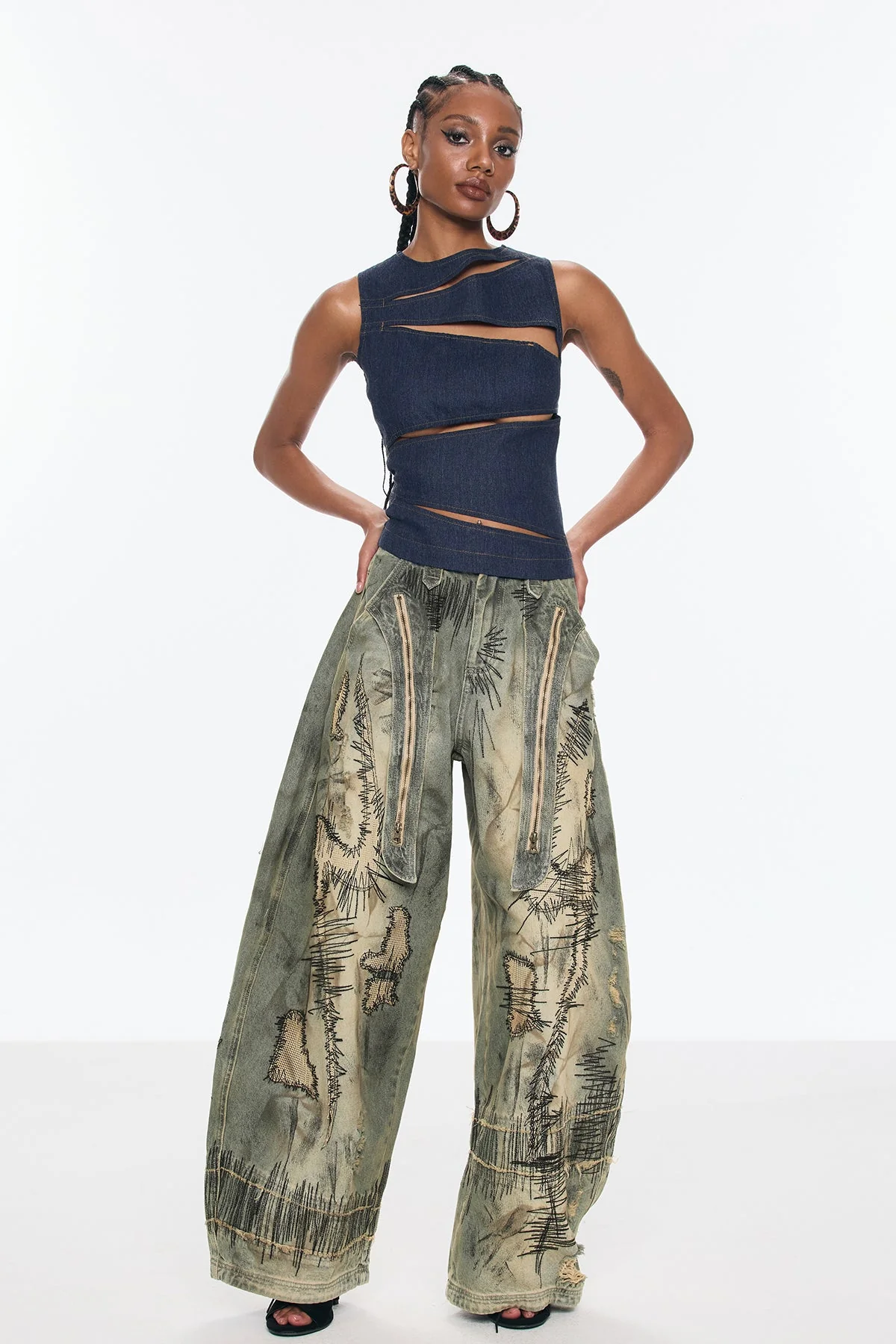 Sleeveless Denim Top with Modern Cutouts in Blue, Elegant Style