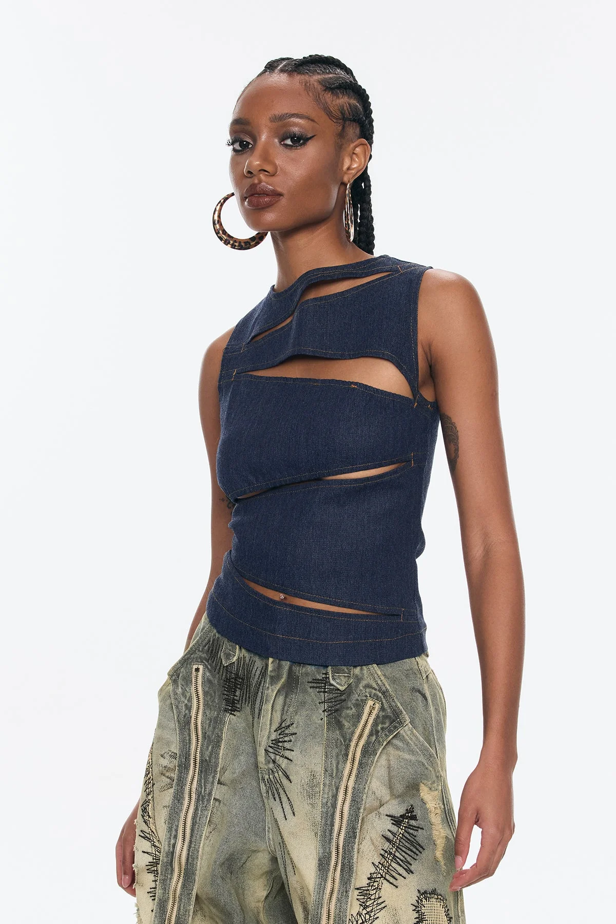 Sleeveless Denim Top with Modern Cutouts in Blue, Elegant Style