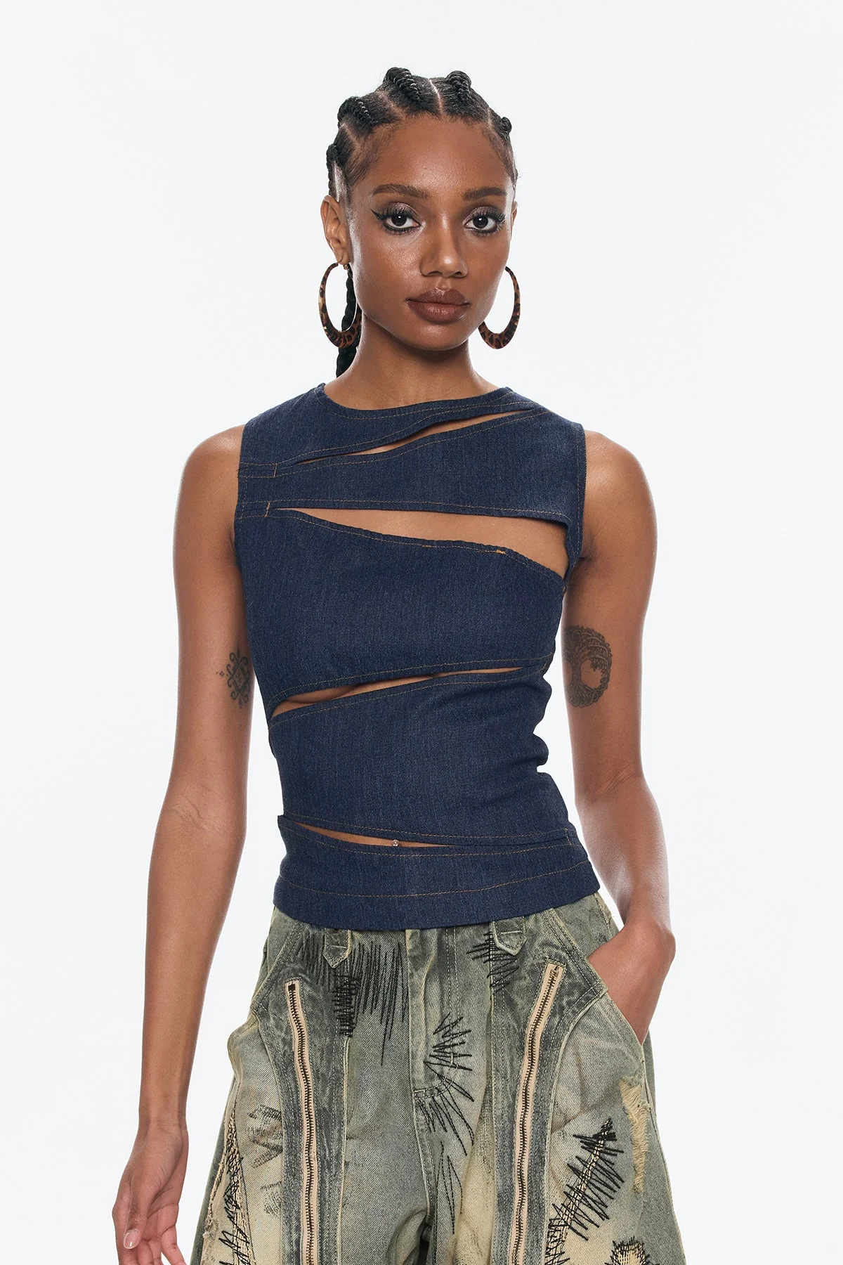 Sleeveless Denim Top with Modern Cutouts in Blue, Elegant Style