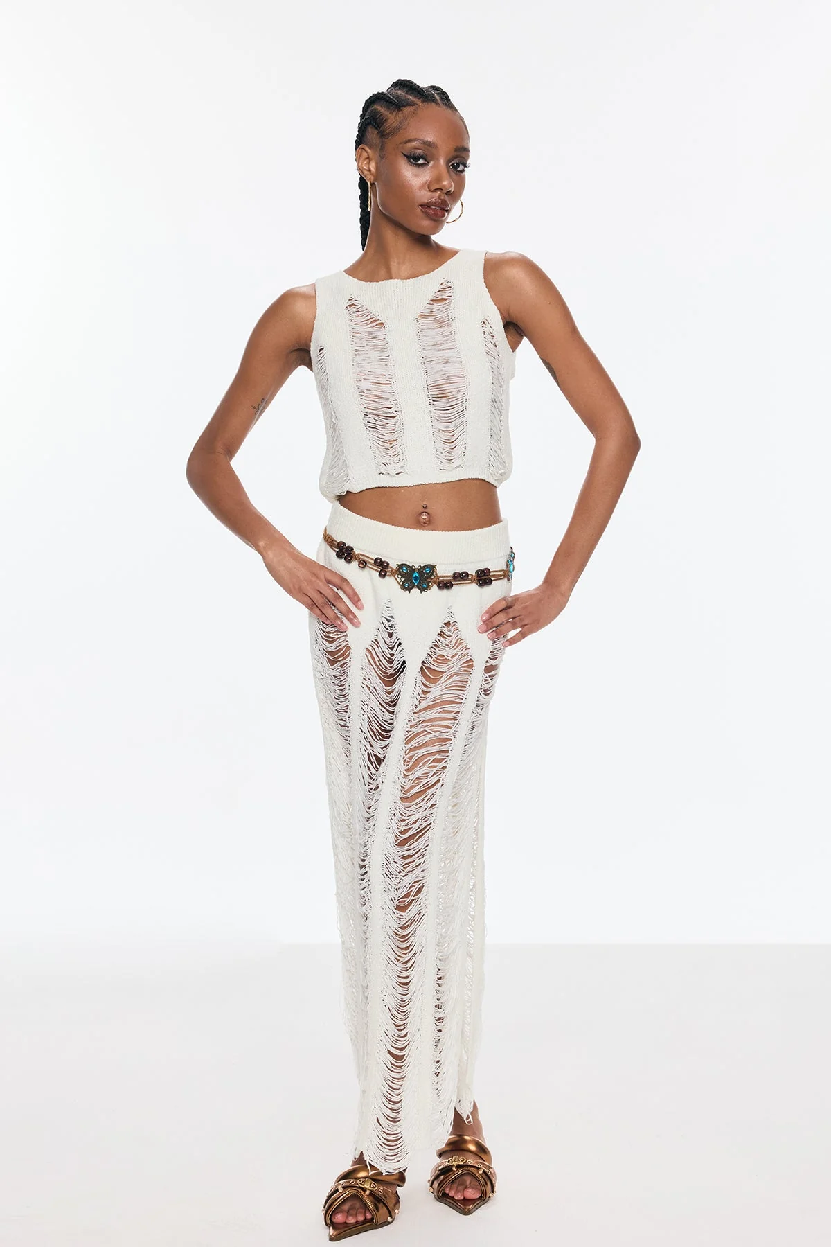 White Cutout Knit Skirt Set with Rip Details