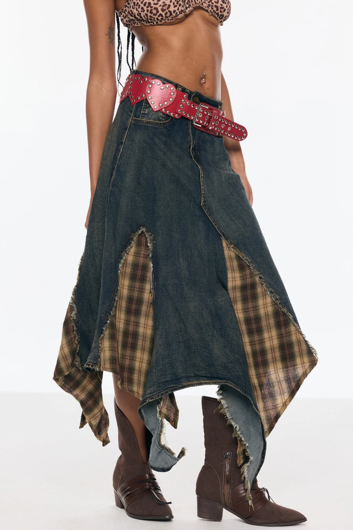 Blue Deconstruct Grid Fringe Skirt