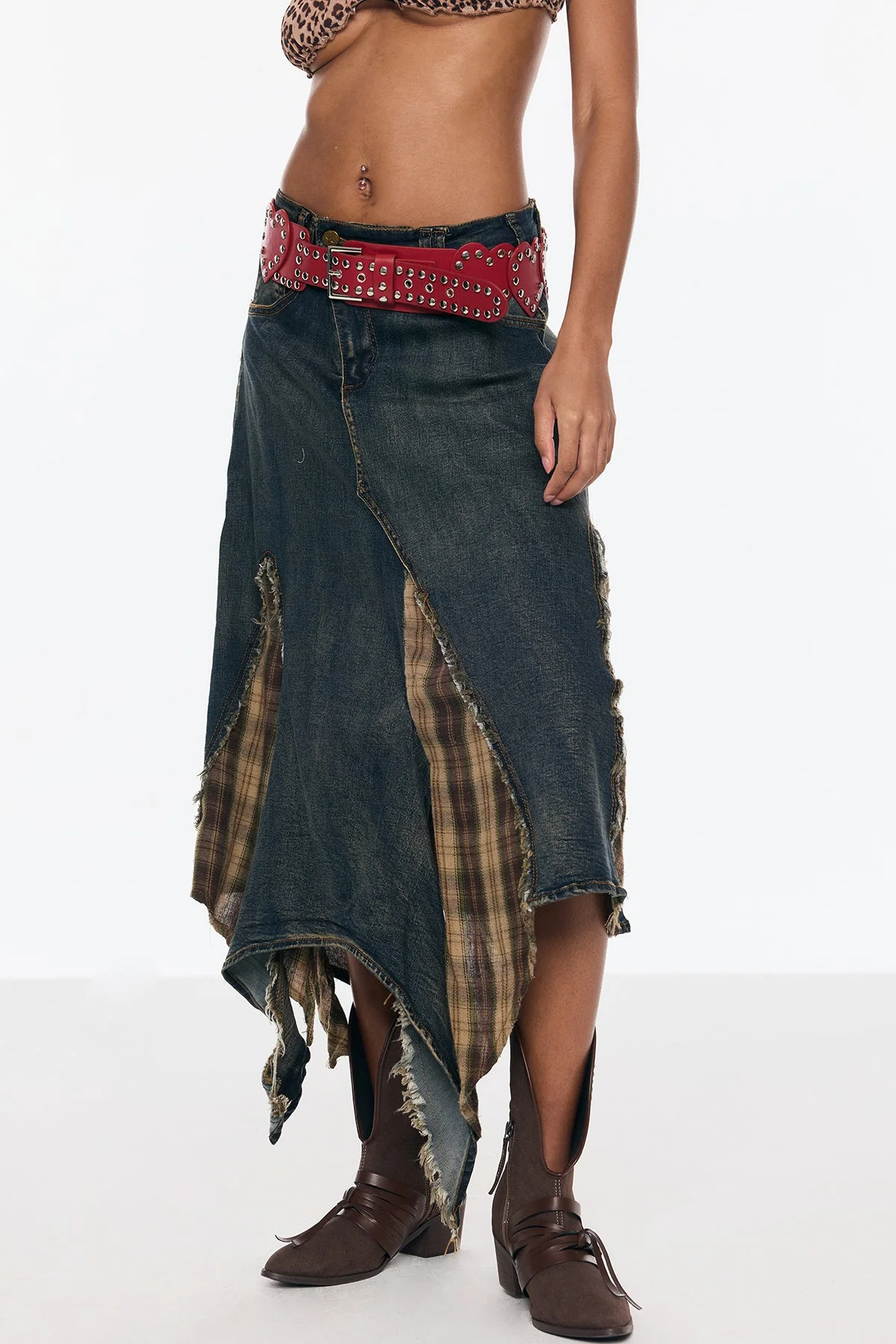 Blue Deconstruct Grid Fringe Skirt