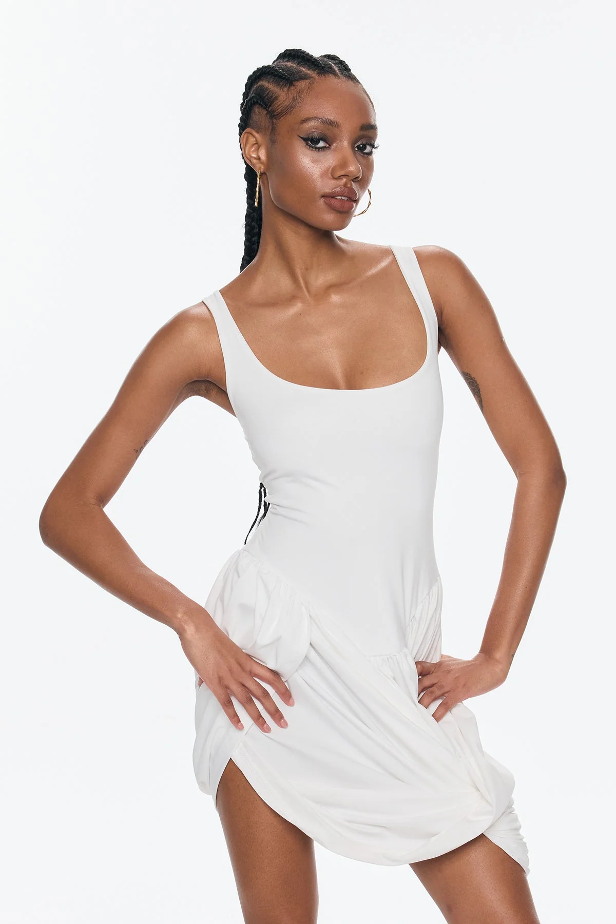 White Asymmetric Ruch Sleeveless Mini Dress