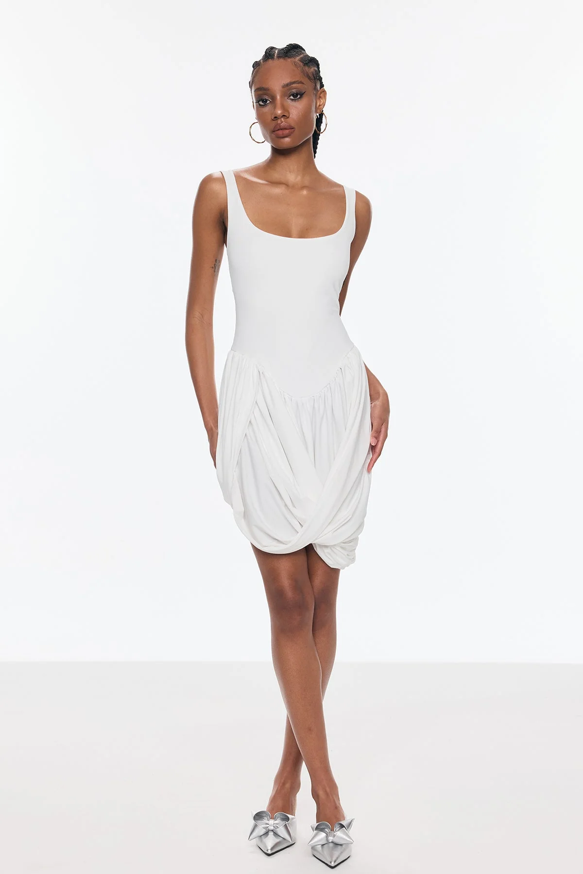 White Asymmetric Ruch Sleeveless Mini Dress