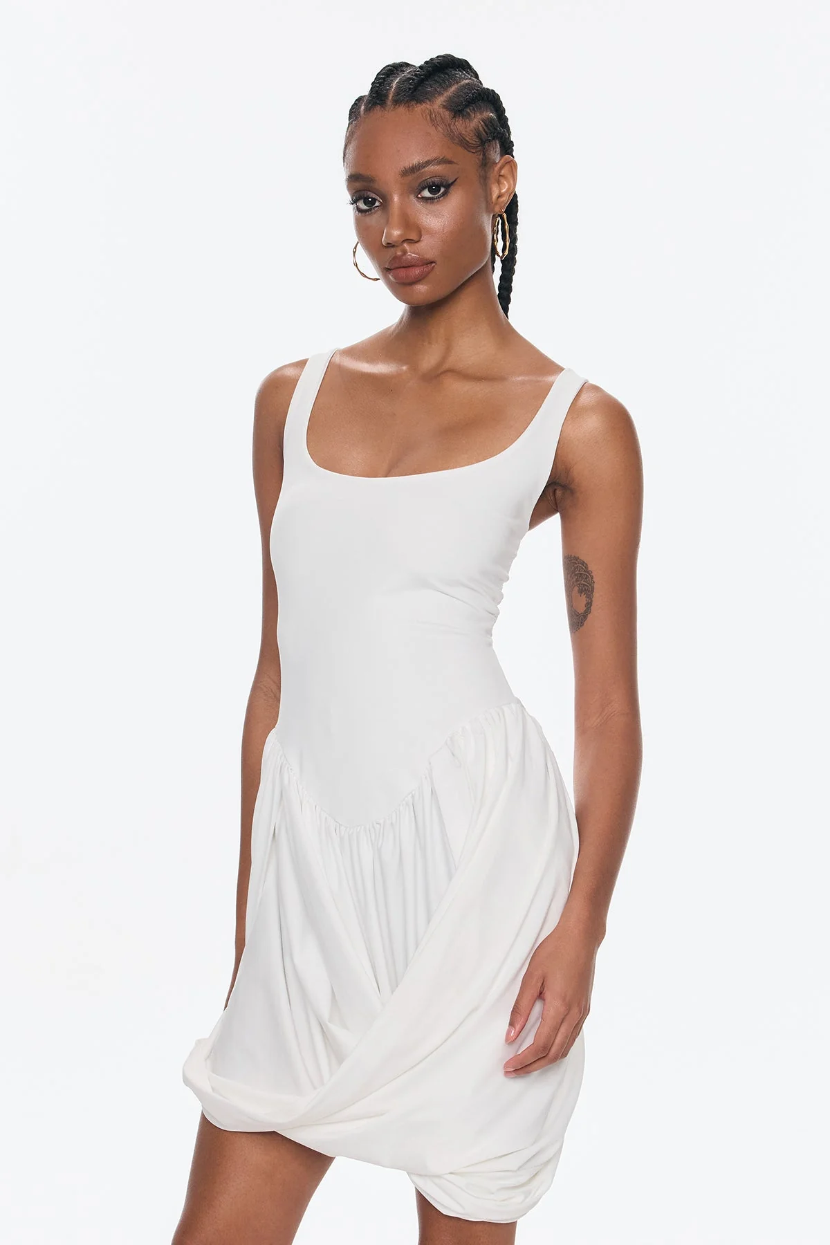 White Asymmetric Ruch Sleeveless Mini Dress