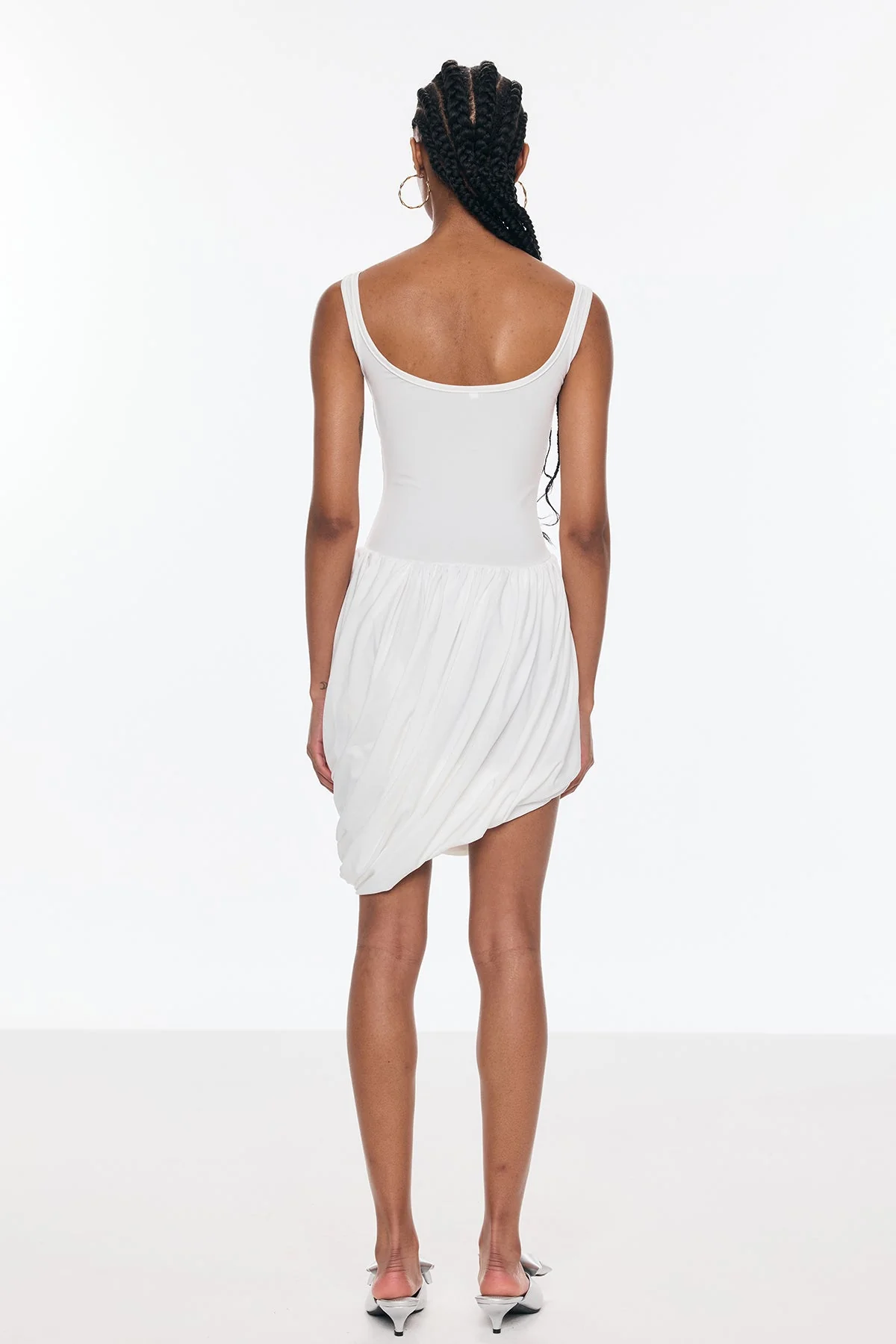 White Asymmetric Ruch Sleeveless Mini Dress