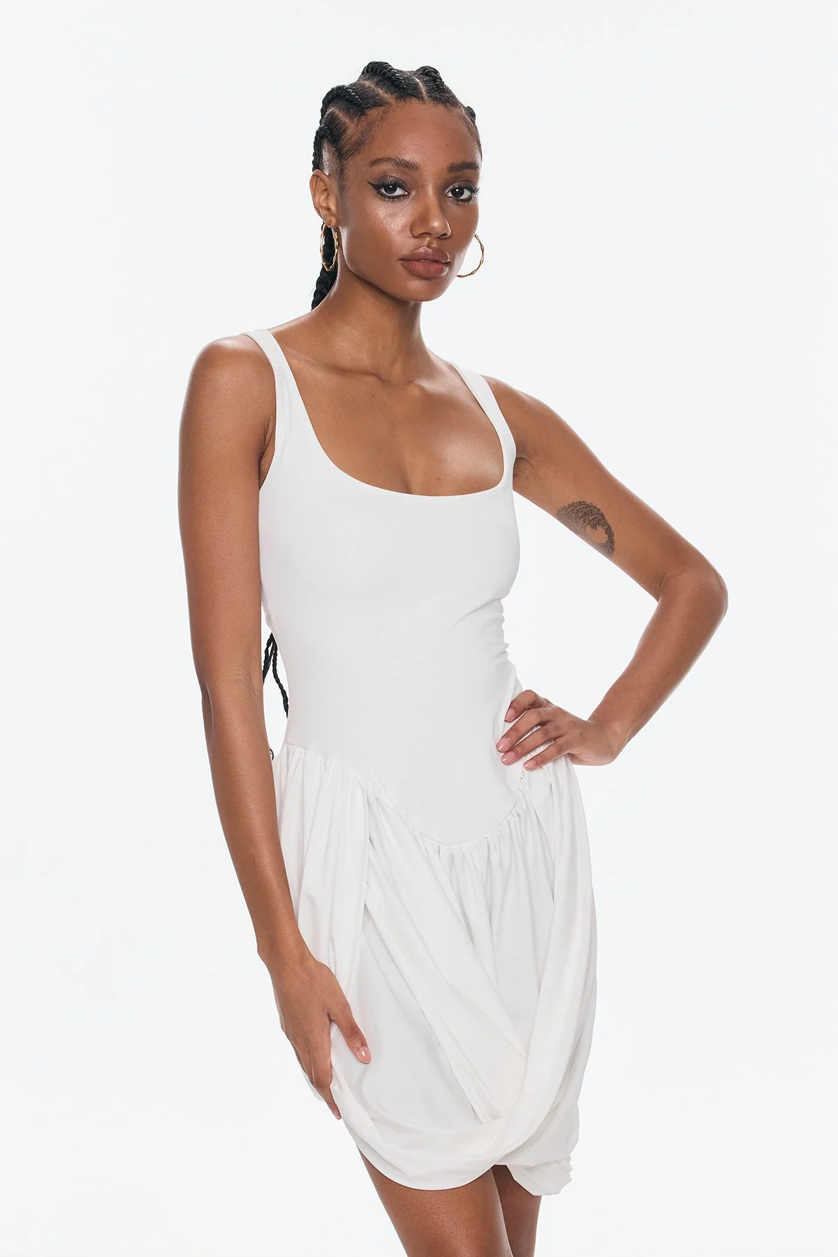 White Asymmetric Ruch Sleeveless Mini Dress