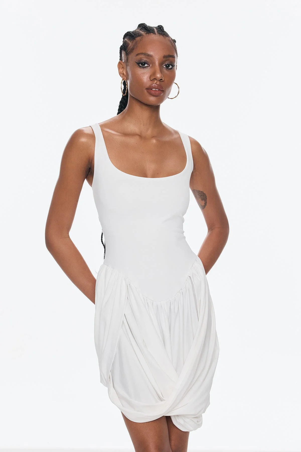 White Asymmetric Ruch Sleeveless Mini Dress