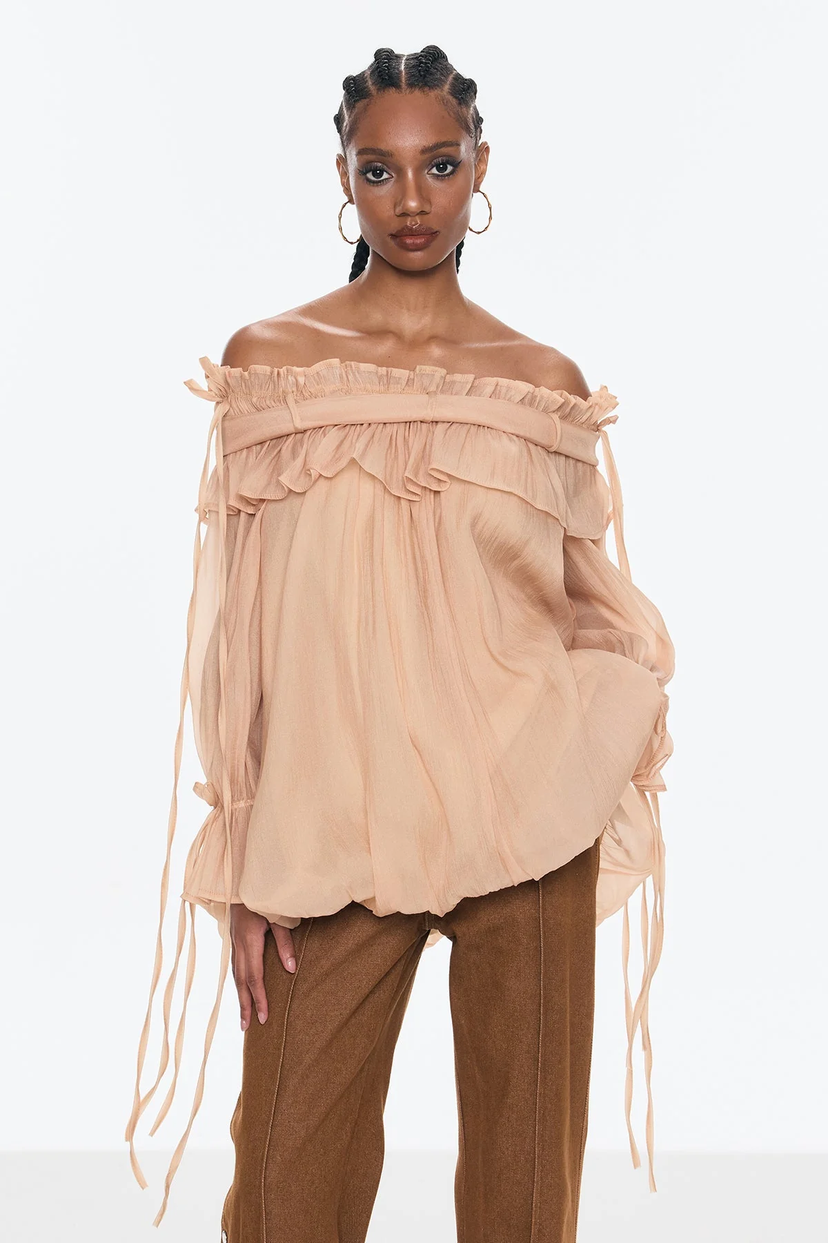 Elegant Mesh Ruffle Top in Khaki | Womens Off-Shoulder Blouse