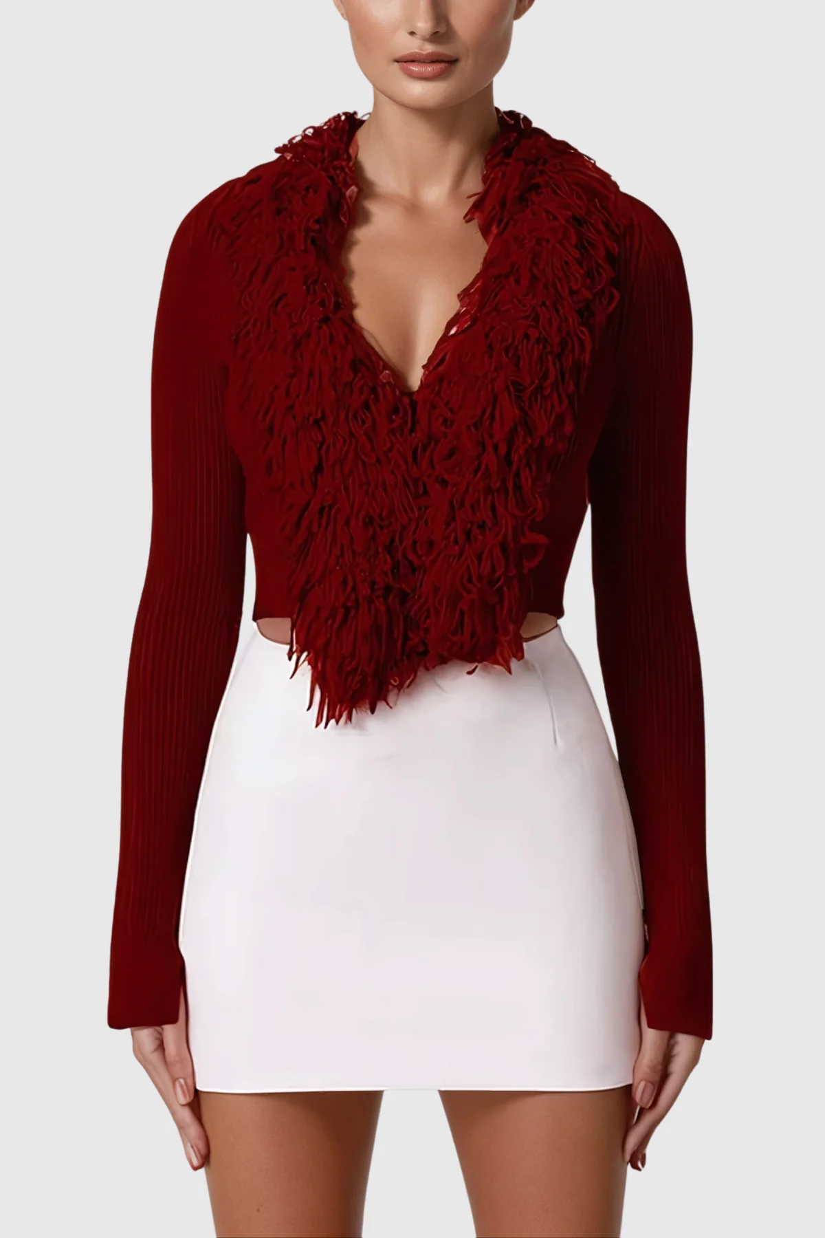 Chic Red Knit Top with Fringe Detailing