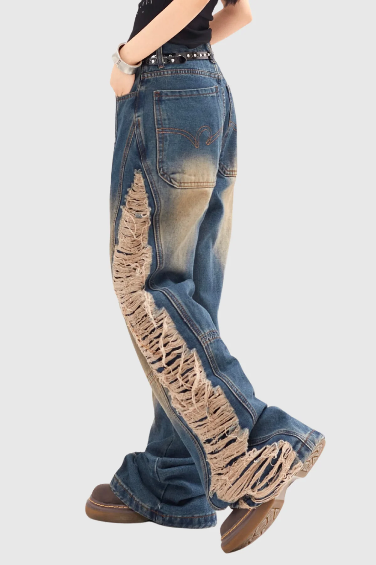 Blue Fringe Torn Denim Jeans for Women